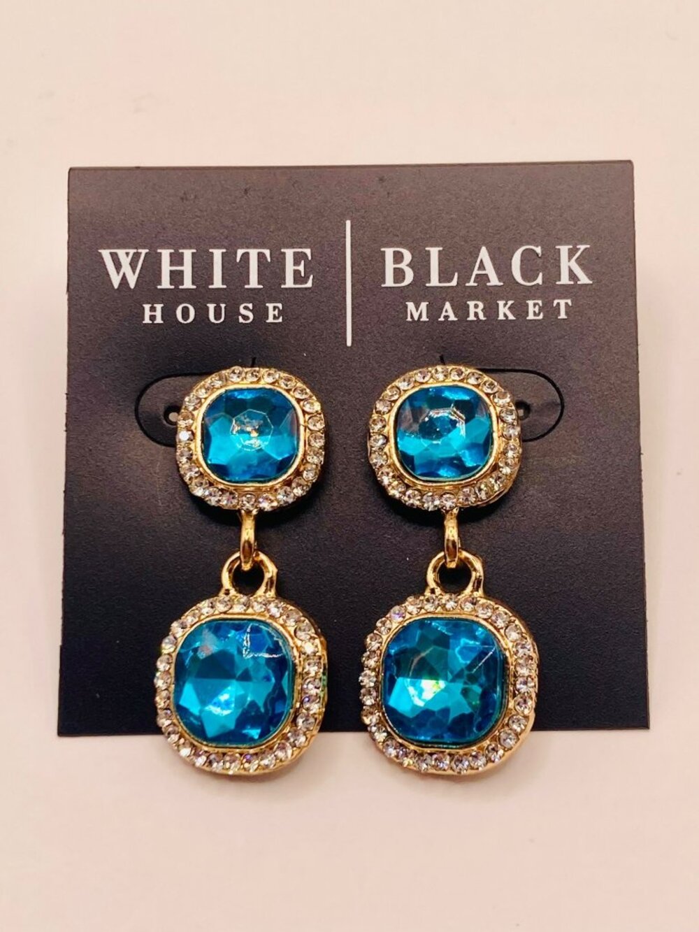 White House Black Market New Dangle Earrings Blue Rhinestones Gold Tone -15B
